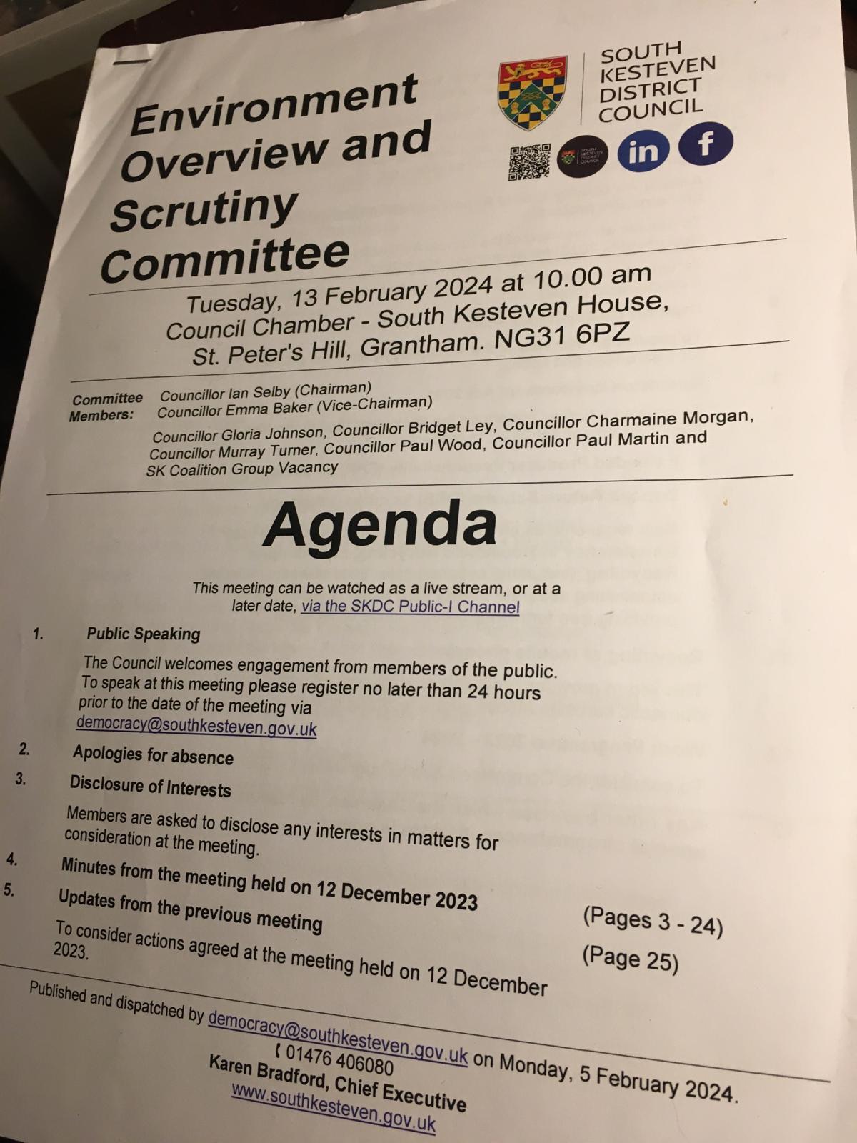 south kesteven district council environment overview and scrutiny committee 13 febuary 2024 agenda