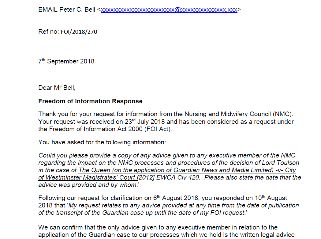 nmc response to FOI request re legal advice