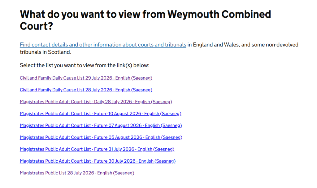 CaTH page for Weymouth Combined Court